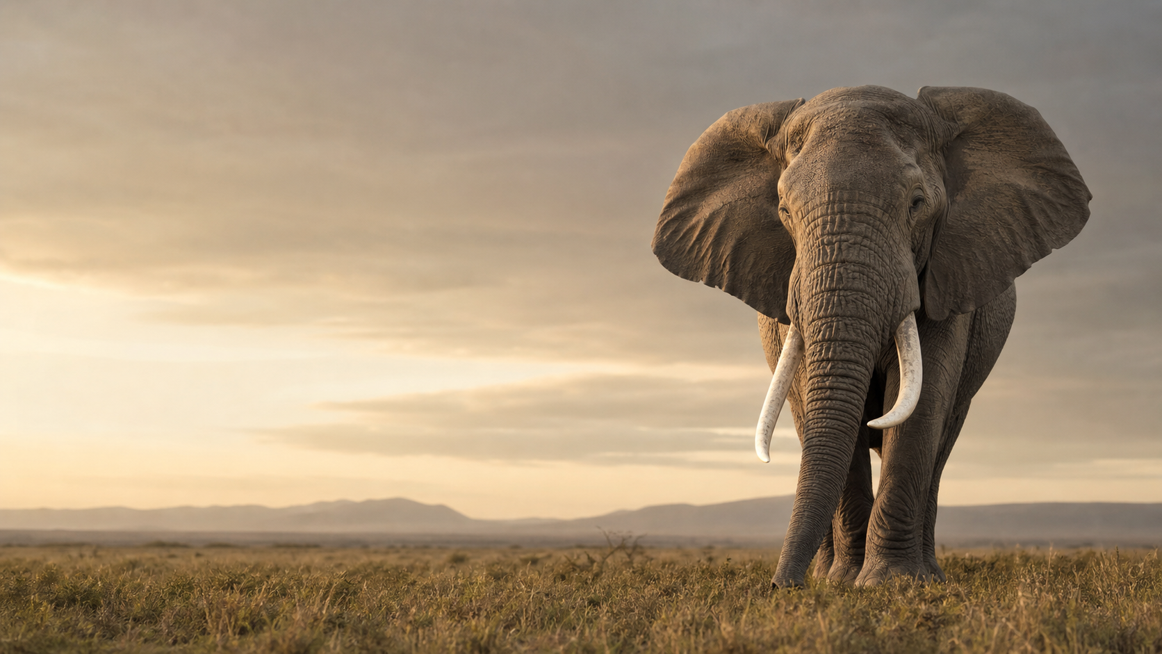 A mature elephant standing with quiet confidence on an open plain