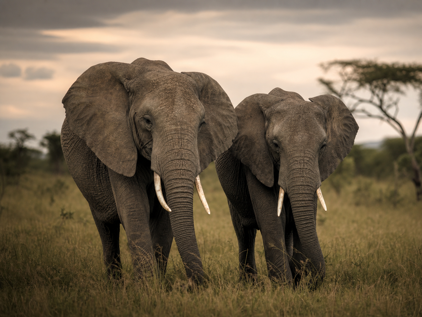 Two elephants moving forward side by side